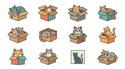 Playful Cats in Cardboard Boxes Illustration Set. © Ga