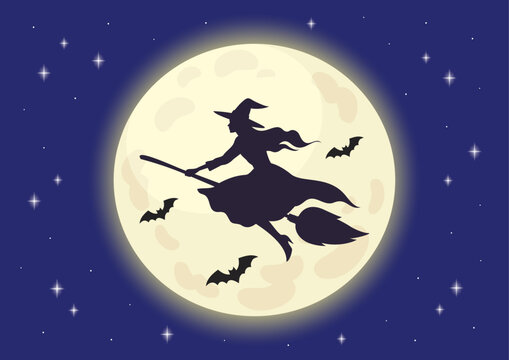 ハロウィンの魔女と月とコウモリのベクターイラスト