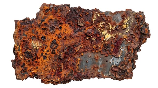 Weathered metal sheet with intense rust and thick oxidation patches isolated on transparent background