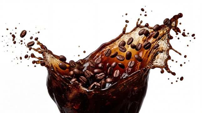 Dynamic dark coffee splash with roasted coffee beans flying in air creating wave crown droplets isolated on white background for espresso drink beverage design