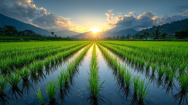 Sunrise over rice paddy fields; tranquil scene