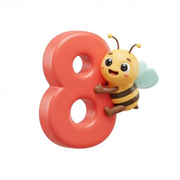 Illustrated bee figure climbing a bold red number eight in 3D, white background, cheerful mood, studio lighting, isometric view.