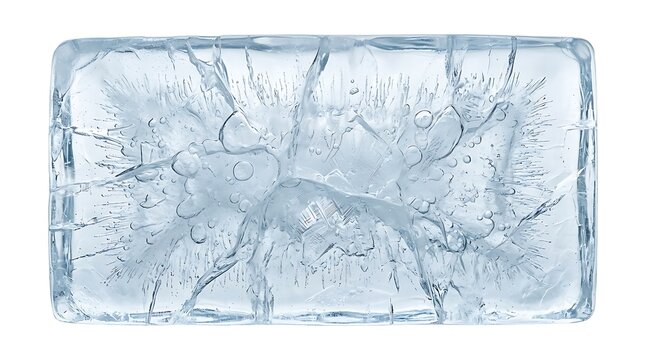 Single large rectangular block of clear ice with detailed internal fractures isolated on transparent background