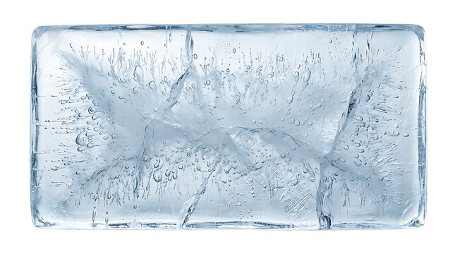 Rectangular block of clear ice displaying intricate internal cracks and frozen air bubbles isolated on transparent background