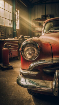 Close-up of a vintage red classic car parked inside an old aircraft hangar workshop Vertical