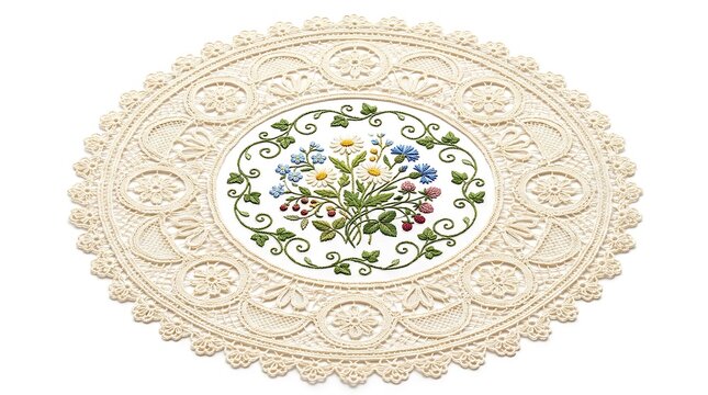 Elegant round lace doily featuring colorful floral embroidery isolated on transparent background for home decor