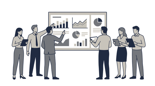 Business team analyzing data and charts on a large screen