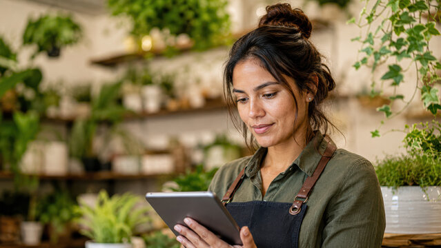 A woman wearing an apron uses a tablet in a lush indoor plant shop, surrounded by greenery and shelves filled with potted plants.