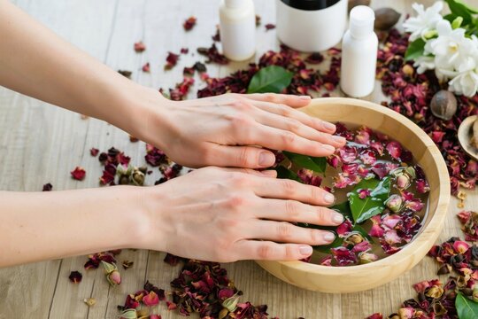 Woman washing hands in a wooden bowl with rose petals. Spa therapy concept.