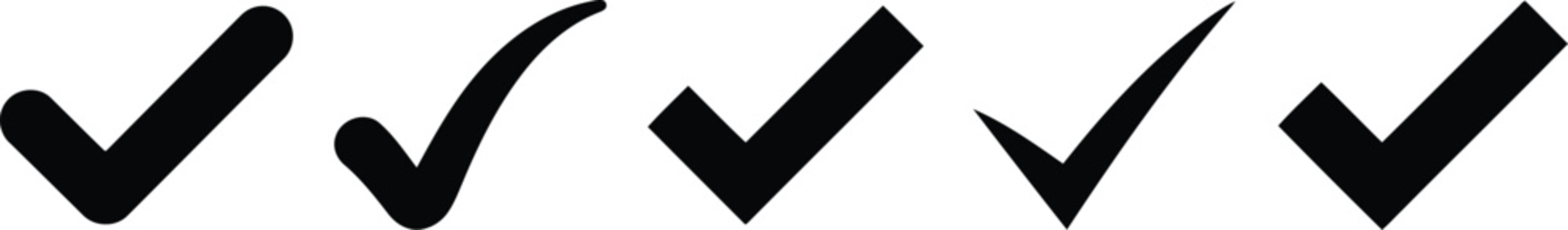 Set of black check mark isolated vector icons. Vote symbol tick. Approved icon. Check mark icon set. Tick checkmark check list button icon.