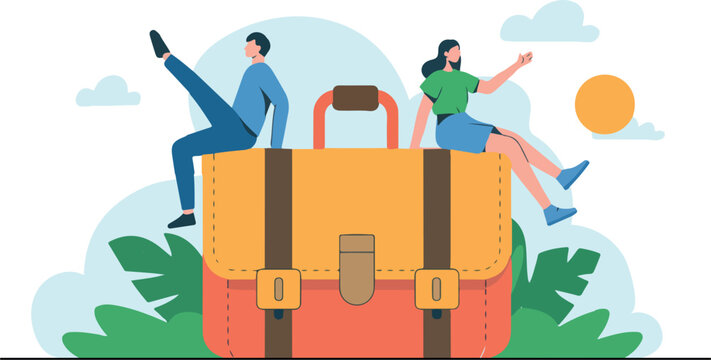 Flat Business People Sitting on Huge Briefcase Vector Illustration