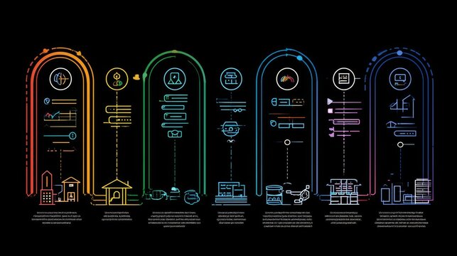 2D unretirement vector infographic template featuring multicolor linear icons, data visualization elements, and a 5-step process timeline chart. 