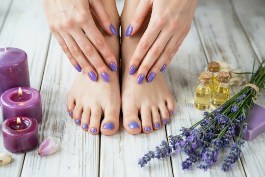 Woman with purple manicured nails beside lavender flowers. Spa care concept.