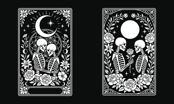 Detailed skeleton lovers tarot card vector illustration featuring romantic gothic skeletons surrounded by ornate floral patterns and celestial moon phases for design