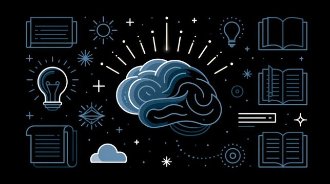 Labeled vector icon set illustrating AI-powered storytelling, idea generation, and content creation with editable outline symbols.