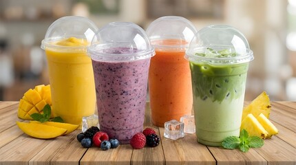 Variedad de smoothies de frutas y té matcha helado en vasos de plástico sobre mesa de madera © Rothion