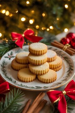 Plato de galletas de mantequilla navide&ntilde;as espolvoreadas con az&uacute;car en polvo y decoraci&oacute;n festiva