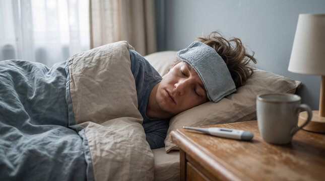 Sick man sleeping in bed with a cold compress. He is battling a fever, headache, and flu symptoms