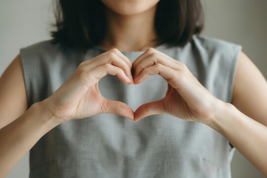 A woman makes a heart shape with her hands. Symbol of love and health.