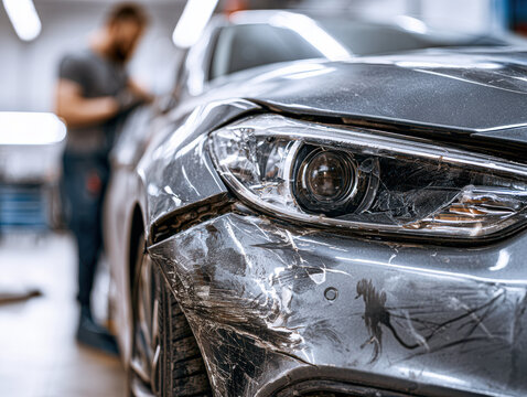 Close-up of a damaged car headlight and scratched bumper in a repair shop with a blurred mechanic working in the background.