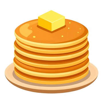 A stack of golden brown pancakes topped with a square of melting butter sits on a plate.