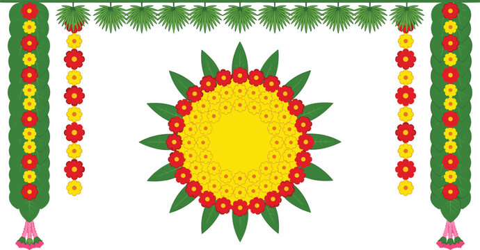 Traditional Indian Festival Floral Decoration Vector Set with Marigold Toran Mango Leaves Garland and Rangoli Backdrop for Diwali and Wedding Celebrations