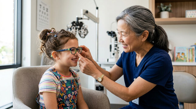 Optometrist helps young girl try on glasses during eye exam