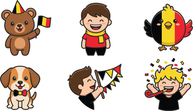 Cute Belgium football supporters cartoon illustration set vector isolated on white background with national flag color elements