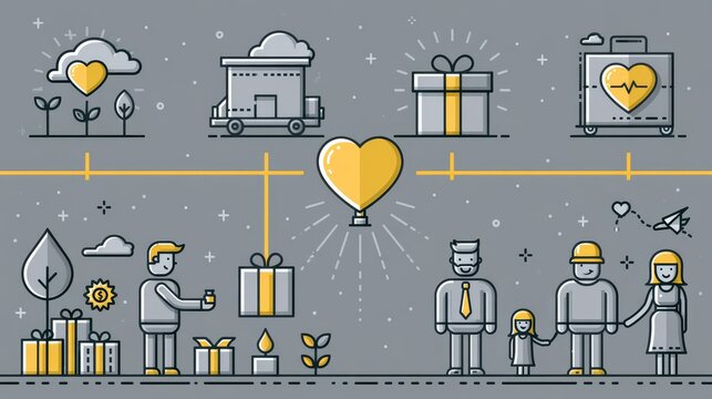 4-step donation activities infographic illustrating social responsibility, humanitarian aid, and community support. Editable thin line icon process diagram for charity and assistance concepts.
