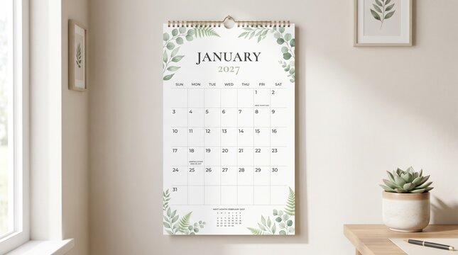 January 2027 wall calendar with floral botanical design calendar botanical decoration interior planning schedule aesthetic minimalist organized management seasonal beginning tracking
