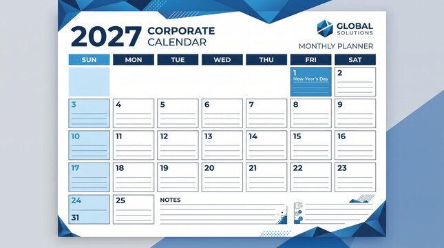2027 blue corporate monthly business calendar template with grid layout and notes section calendar corporate business template planning schedule organization management professional strategy