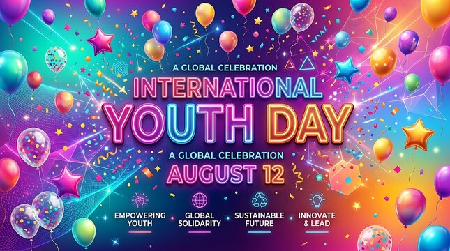 International Youth Day celebration with colorful balloons and festive decorations vector illustration