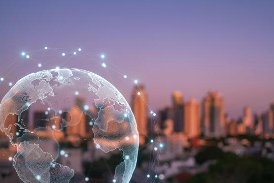 Digital earth globe with network nodes over a city. Global tech concept.