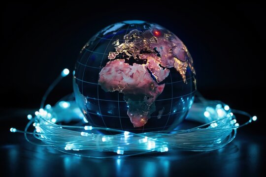 A glowing globe surrounded by optic fibers. Global network concept.
