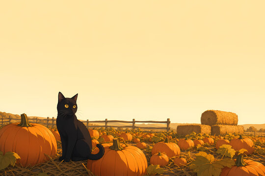 Anime style illustration of a black cat sitting in a pumpkin patch at golden hour with hay bales and a wooden fence, autumn Halloween scene in wide format with large copy space