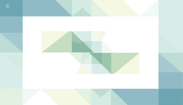 Geometric mosaic border with pale green, blue, and cream triangles framing a central blank white rectangle.