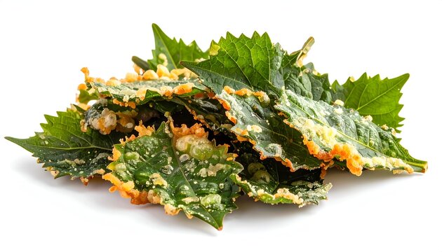 Crispy fried tempura perilla leaves coated in light golden batter resting on a white studio background