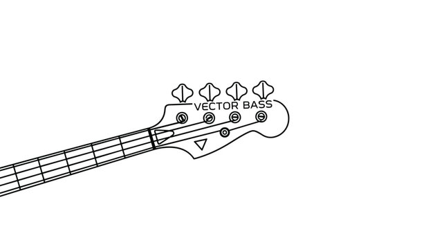 Close up outline illustration of a classic bass guitar headstock with tuning pegs and string details.
