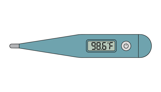 Digital thermometer displaying normal human body temperature of ninety eight point six degrees fahrenheit on screen.