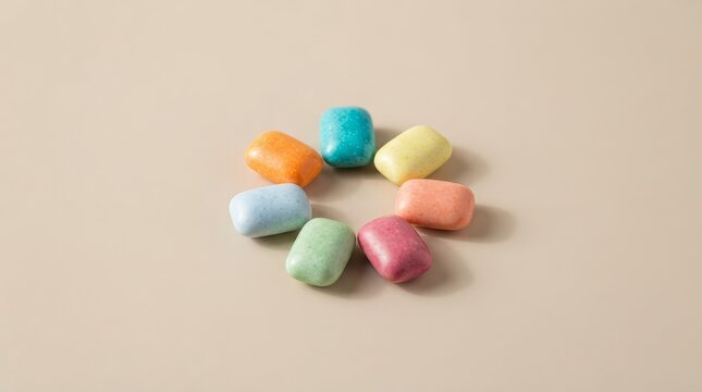 Colorful Minimalist Candy Erasers Display on Beige Background, Creative Illustration, Artistic Viewpoint