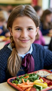 Smiling student enjoying healthy lunch in school cafeteria