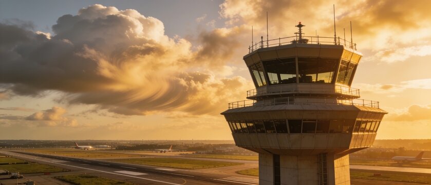 Airport Control Tower at Sunset, Air Traffic Control, Aviation, Sunset Sky, Runway View