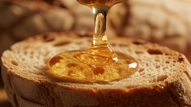 Honey drizzling from dipper onto rustic bread slice