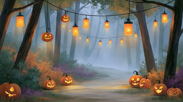 spooky forest path illuminated by carved pumpkins and hanging lanterns, gentle mist, colorful autumn foliage, magical Halloween adventure, mysterious yet inviting atmosphere, cinematic landscape