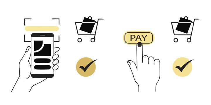 Hand holding smartphone for QR code scanning and online checkout shopping payment vector illustration set.