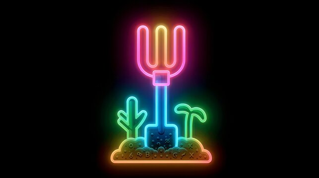 Soil fluffing neon light icon with an outer glowing effect, symbolizing plowing, soil aeration, cultivation, gardening, planting, sustainable agriculture, and healthy plant growth.