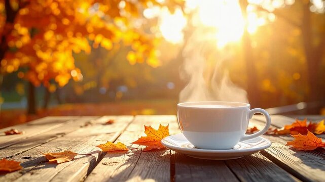 秋の紅葉と温かいコーヒーカップから立ち上る湯気と木漏れ日の横型動画素材　朝のカフェタイムの静けさと柔らかな光が差し込むテラス席の風景映像素材　暖かな季節感と安らぎを感じさせるインテリアやライフスタイル紹介や心地よい雰囲気の演出に使用可能な文字入れ用コピースペースのある高画質な背景動画素材