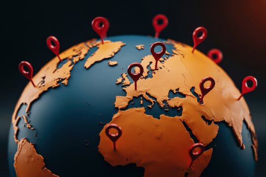A globe with red map pins on land. Represents global travel networks.