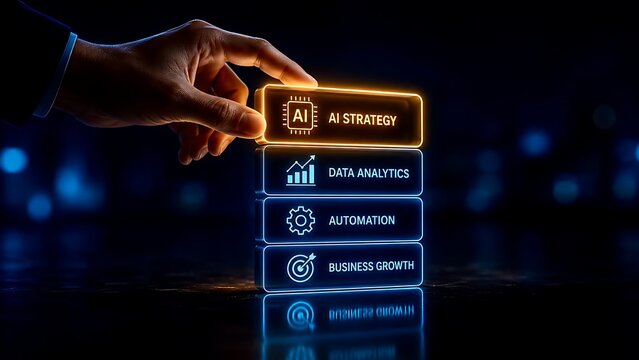Hand placing top glass block with AI strategy text over data analytics automation and business growth representing steps to technological corporate success