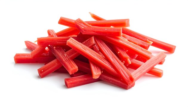 A pile of shredded bright red pickled ginger strips beni shoga isolated on a clean white background